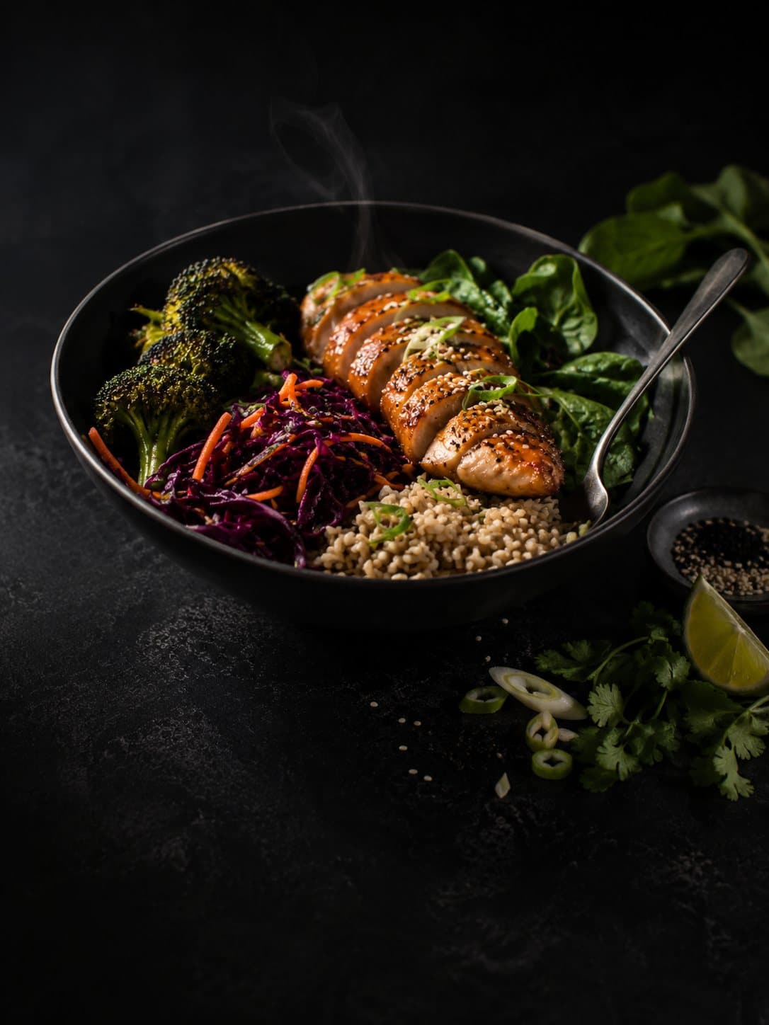 Dark bowl with spoon — editorial food photography