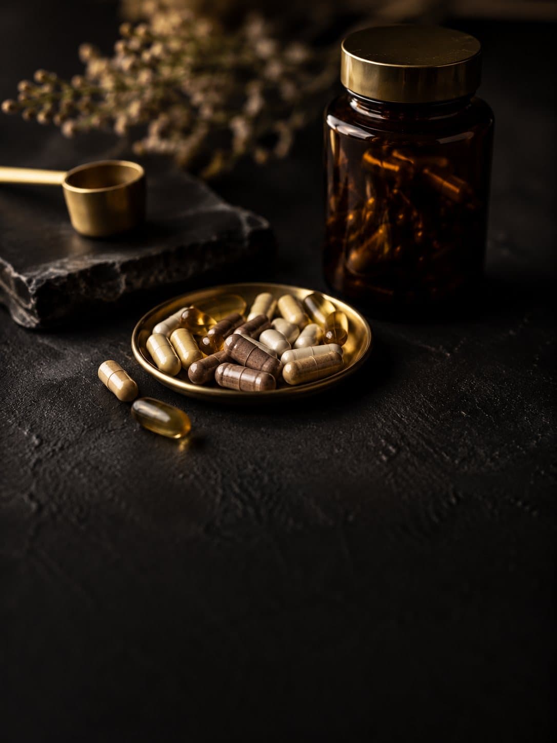 Supplement capsules on dark surface