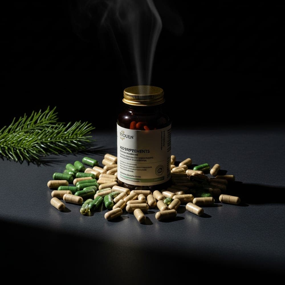 Supplement capsules on dark surface — clinical and clean