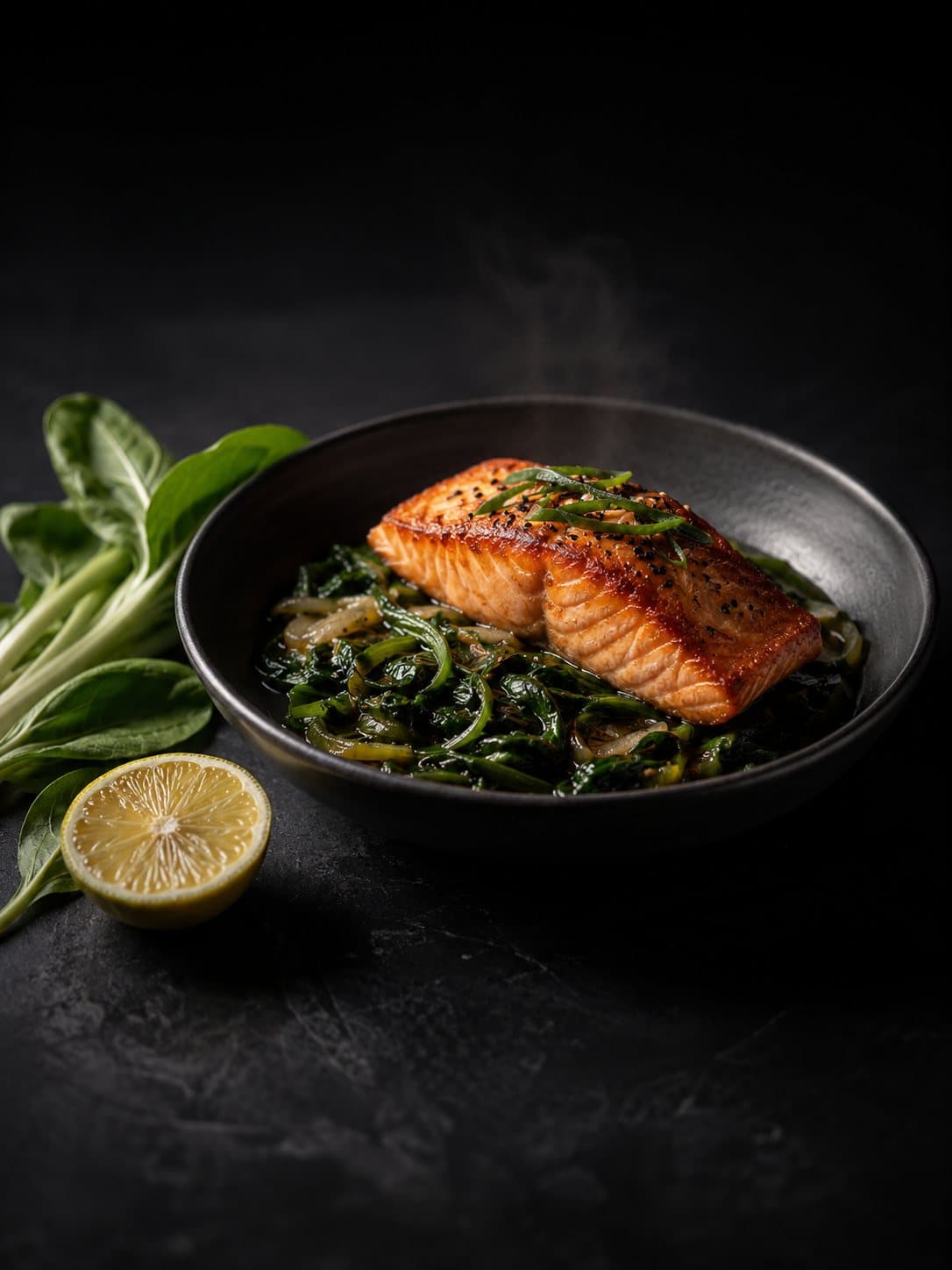 Seared Salmon, Miso Braised Greens
